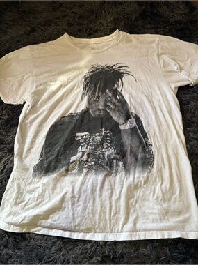 White Graphic Tee with Black Portrait Print - Men